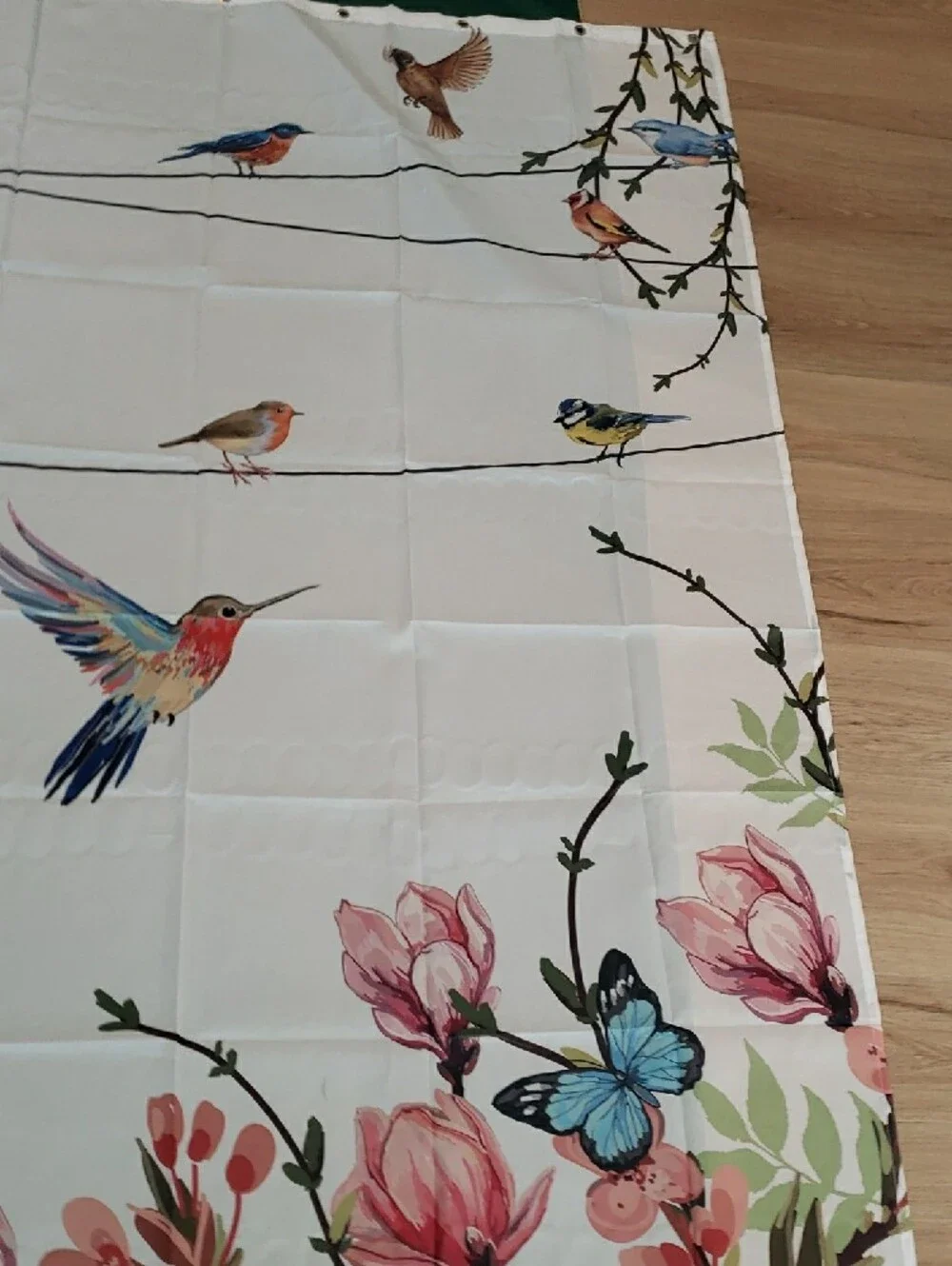 NEW Shower Curtain Allenjoy Pink Floral & Hummingbirds on White & Butterflies